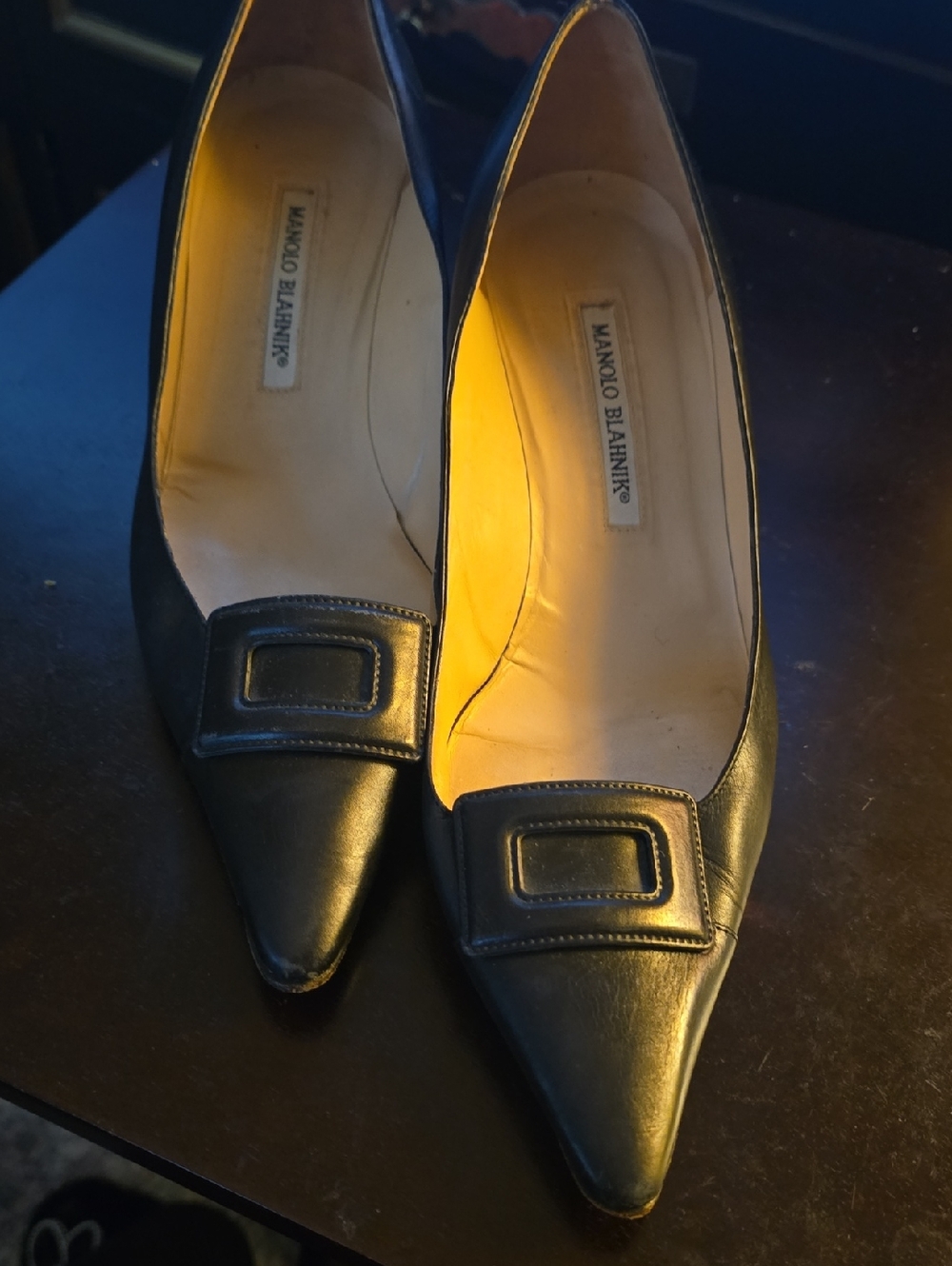 Manolo Blahnik Black Pointed-Toe Leather Pumps with Buckle Accent
